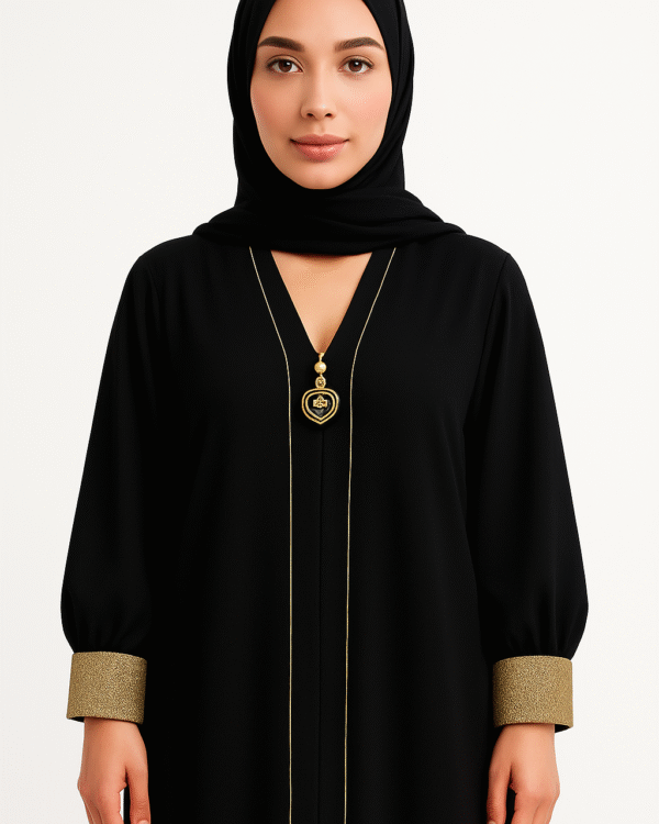 Rinezza Modern Abaya with Gold Accents | Long Abaya | Embellished Cuffs | Decorative Pendant | with Black Plain Dupatta