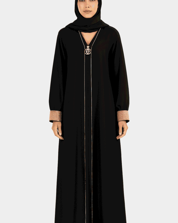 Rinezza Modern Abaya with Gold Accents | Long Abaya | Embellished Cuffs | Decorative Pendant | with Black Plain Dupatta