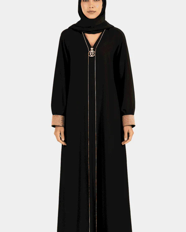 Rinezza Modern Abaya with Gold Accents | Long Abaya | Embellished Cuffs | Decorative Pendant | with Black Plain Dupatta