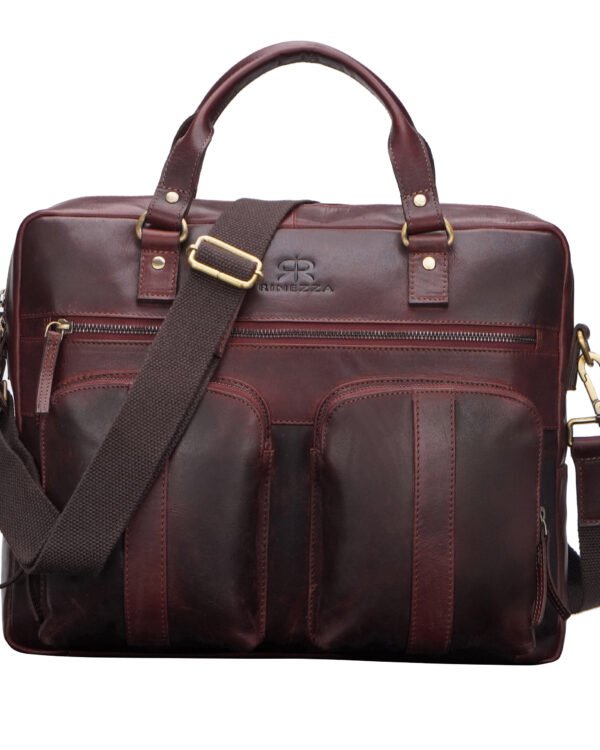 Rinezza Genuine Leather Laptop Bag for Men | Brown Oil Pull Up | Multiple Pockets | Adjustable Shoulder Strap
