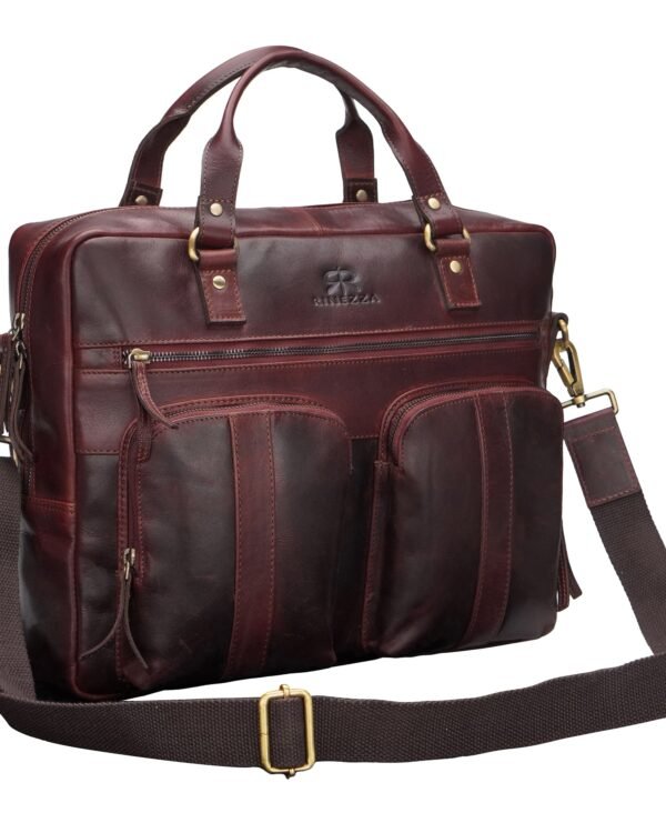 Rinezza Genuine Leather Laptop Bag for Men | Brown Oil Pull Up | Multiple Pockets | Adjustable Shoulder Strap