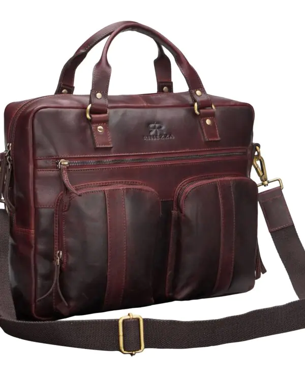 Rinezza Genuine Leather Laptop Bag for Men | Brown Oil Pull Up | Multiple Pockets | Adjustable Shoulder Strap