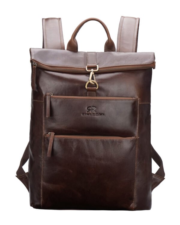Rinezza Vintage Genuine Leather Backpack, Brown Oil Pull Up, Multiple Zippered Compartments with Laptop Pocket