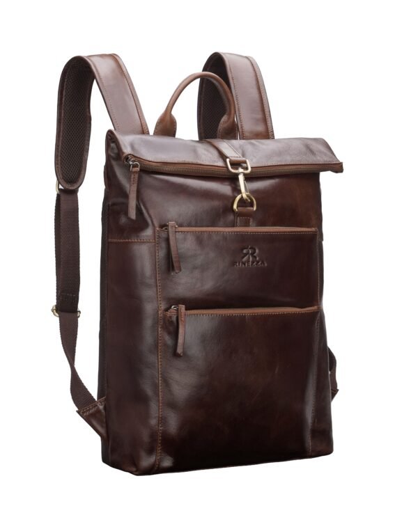 Rinezza Vintage Genuine Leather Backpack, Brown Oil Pull Up, Multiple Zippered Compartments with Laptop Pocket