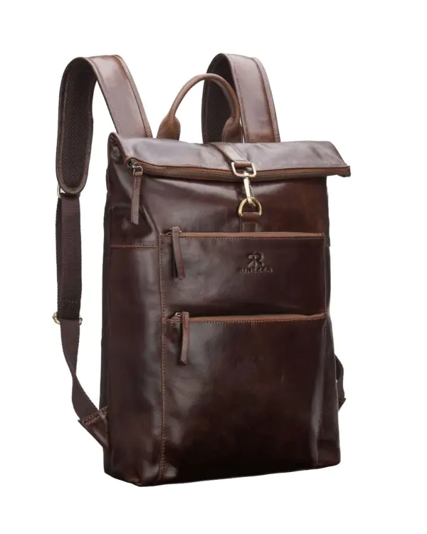 Rinezza Vintage Genuine Leather Backpack, Brown Oil Pull Up, Multiple Zippered Compartments with Laptop Pocket