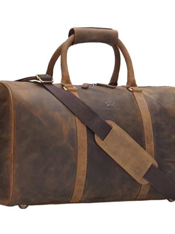 Rinezza Vintage Leather Duffle Bag | Rustic Dark Brown | Travel Weekender Bag with Shoulder Strap | Stylish Duffle for Gym | Business & Adventure |