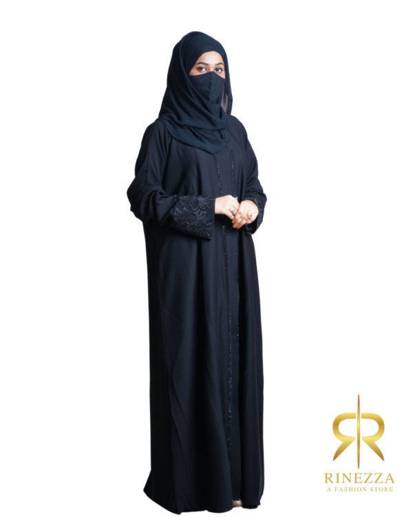 RINEZZA Elegant Black Abaya | Dubai Style  Embellished Sleeves with Crystal Details, Full Length Islamic Burkha with Dupatta