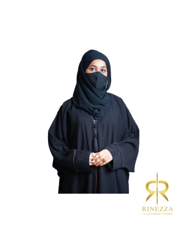 RinezzaElegant Black Abaya with Tassel Detail, Crystal Embellished Sleeves, Dubai Style, Free Size with Dupatta