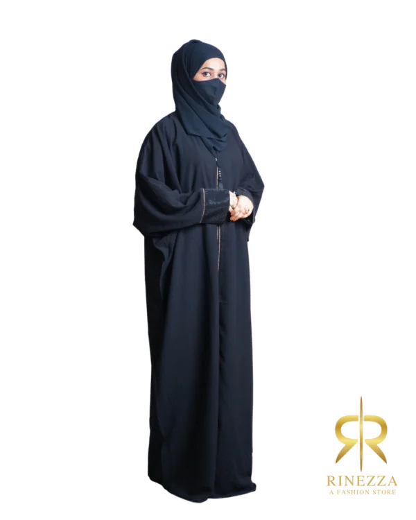 RinezzaElegant Black Abaya with Tassel Detail, Crystal Embellished Sleeves, Dubai Style, Free Size with Dupatta