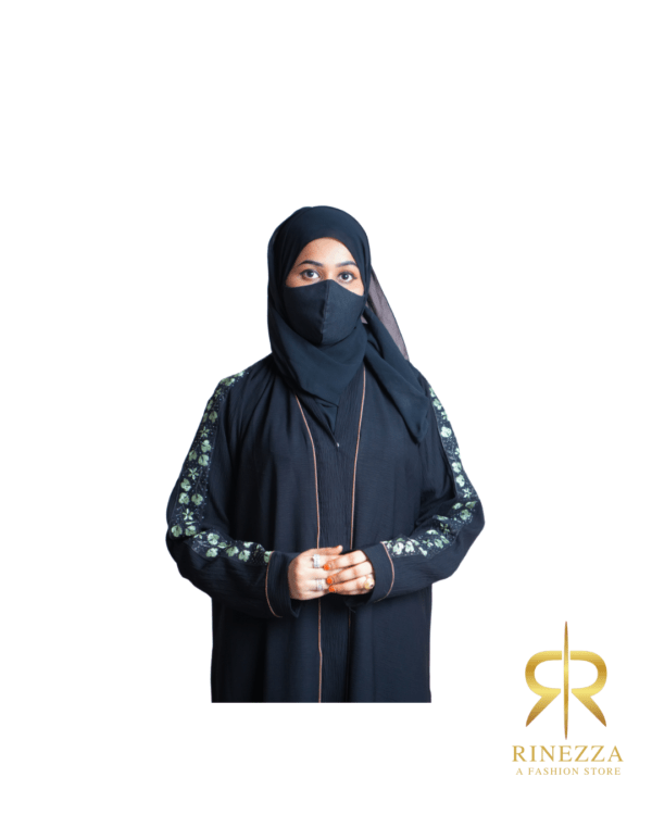 Rinezza Floral Green Sleeve Abaya, Black with Brown Piping, Full Length Islamic Dress Burkha, Free Size, with Dupatta
