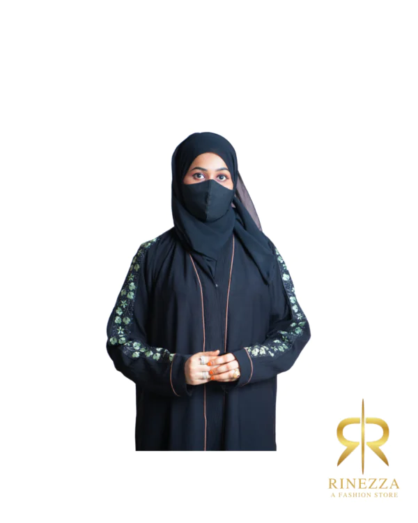 Rinezza Floral Green Sleeve Abaya, Black with Brown Piping, Full Length Islamic Dress Burkha, Free Size, with Dupatta