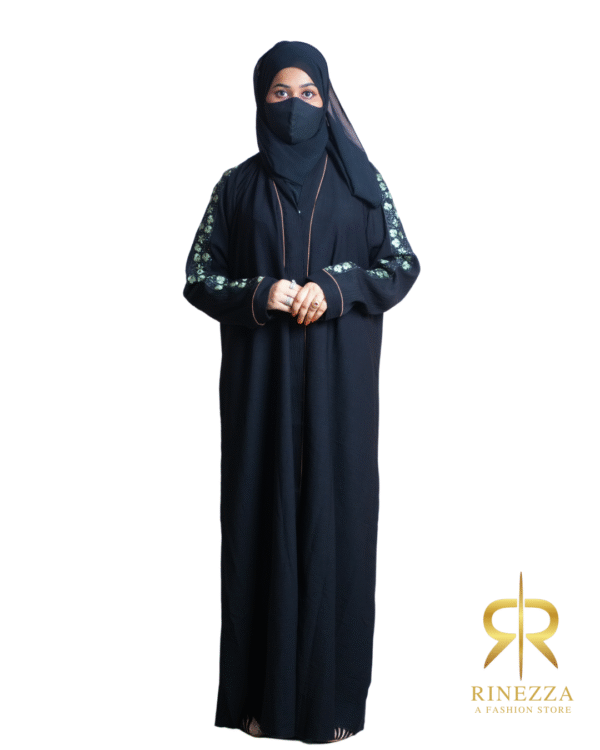 Rinezza Floral Green Sleeve Abaya, Black with Brown Piping, Full Length Islamic Dress Burkha, Free Size, with Dupatta