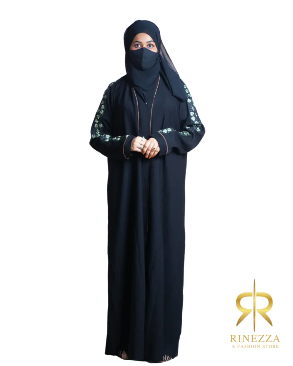 Rinezza Floral Green Sleeve Abaya, Black with Brown Piping, Full Length Islamic Dress Burkha, Free Size, with Dupatta