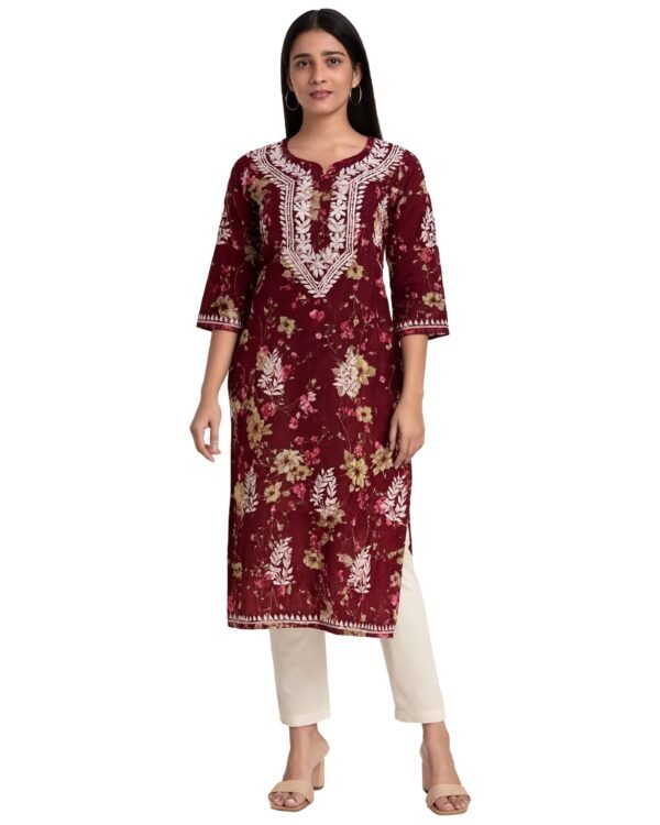 Rinezza Women's Embroidered Lucknowi Chikankari Kurti Cotton | Floral Print | 3/4 Sleeve | Kurta for Women Office Straight Cut
