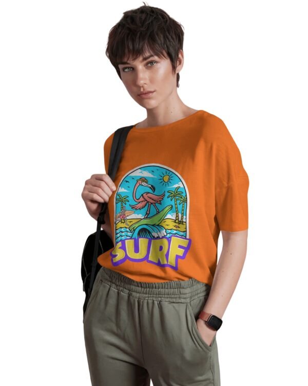 Funtee SURF Tropical Flamingo Graphic Unisex Imported T-Shirt – Beach Vibes & Style | Orange