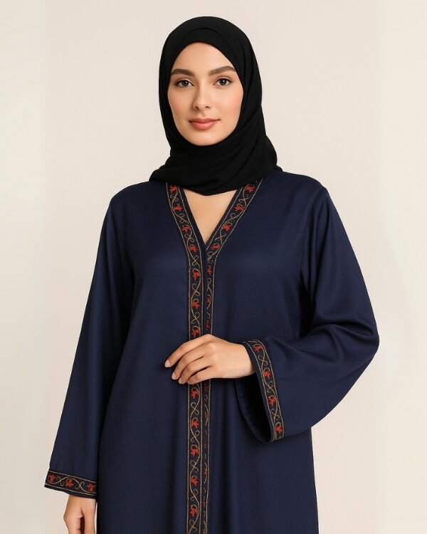 Rinezza Women's Embroidered Abaya Dress | Navy Blue with Red Trim Design | Dubai Style | with Black Dupatta