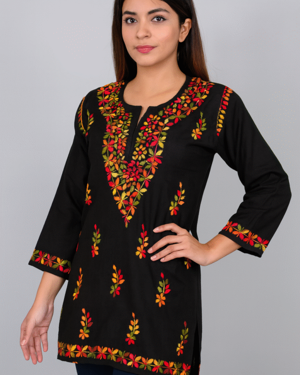 Rinezza Women's Lucknowi Chikankari Embroidered Short Kurti | 3/4 Sleeve | Floral Design | Regular Straight Kurta White and Black Colors