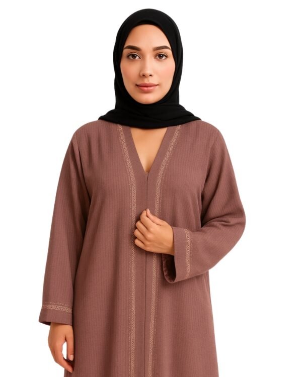 Rinezza Modern Abaya Burkha Dress, V-Neck, Long Sleeves, Floor Length, Embroidered Details with Black Dupatta