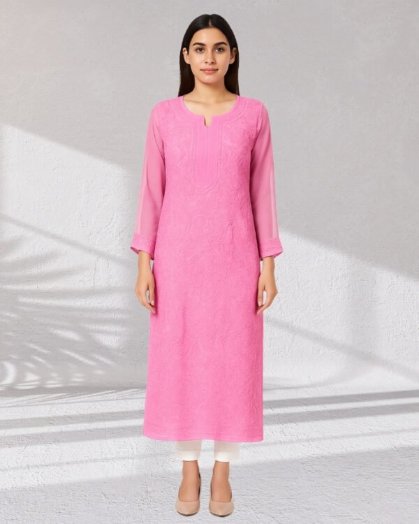 Rinezza Lucknowi Chikankari Kurti | 3/4 Sleeve | Women's Georgette Hand Embroidered Kurta Straight Fit