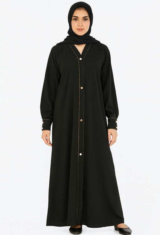 RINEZZA Abaya Black Long Sleeve Button Front with Gold Trim Detail with Plain Black Dupatta