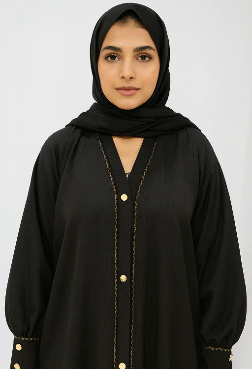 Rinezza Abaya Black Long Sleeve Button Front with Gold Trim Detail with Plain Black Dupatta