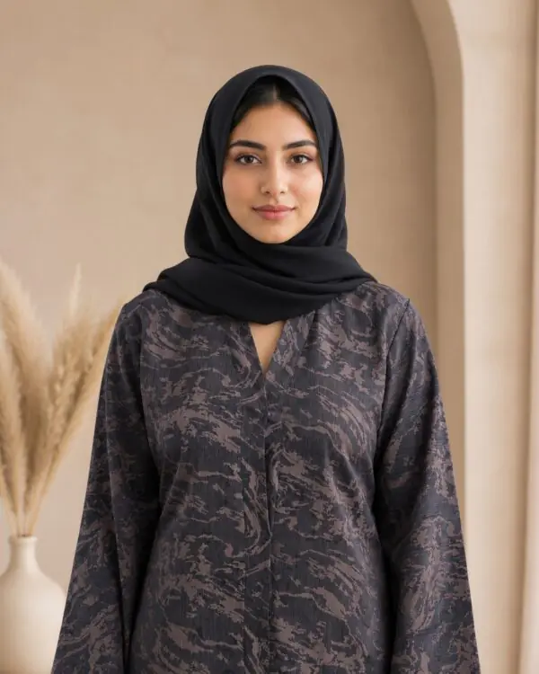 Rinezza Women's Pink Abstract Printed Imported Nida Modest front Open Abaya