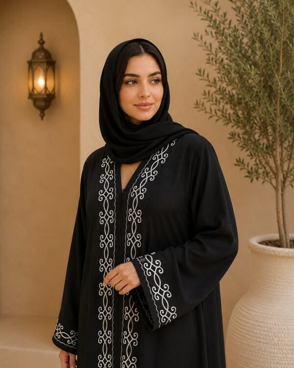 Rinezza Women's Black Embroidered Imported Nida Front Open Abaya with Black Plain Dupatta