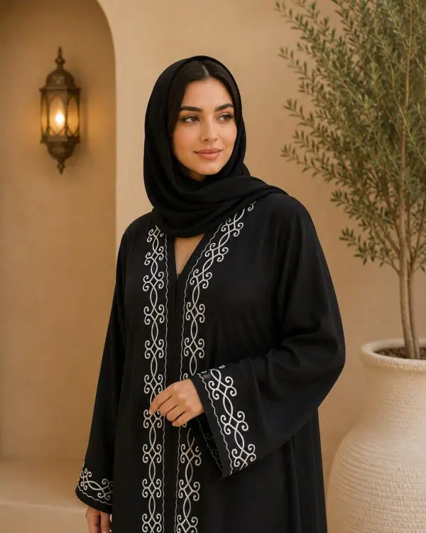Rinezza Women's Black Embroidered Imported Nida Front Open Abaya with Black Plain Dupatta