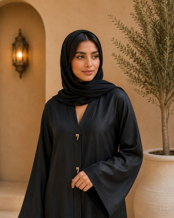 Rinezza Women's Black Imported Nida Front Open Button Detail Abaya with Black Plain Dupatta