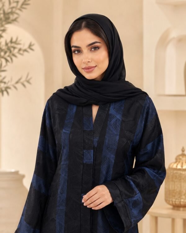 Rinezza Women's Abstract Printed Imported Nida Front Open Modest Abaya with Black Plain Dupatta