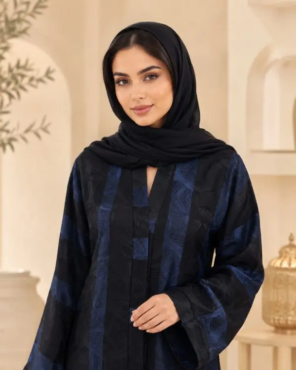 Rinezza Women's Abstract Printed Imported Nida Front Open Modest Abaya with Black Plain Dupatta