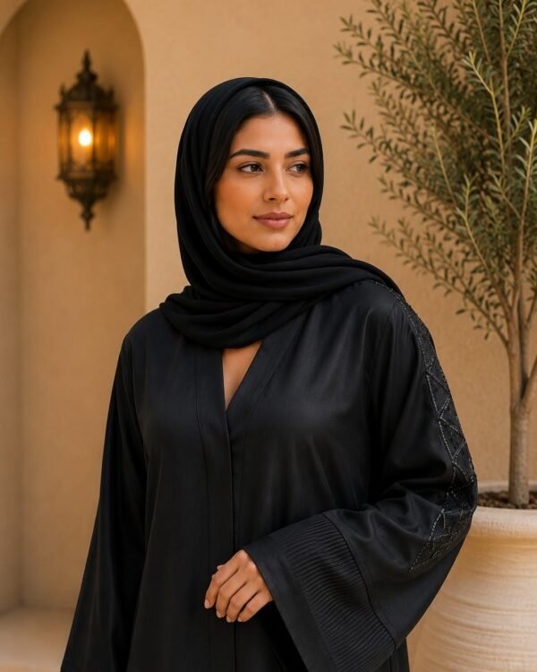 Rinezza Women's Black Designer Imported Nida Front Open Abaya with Black Plain Dupatta