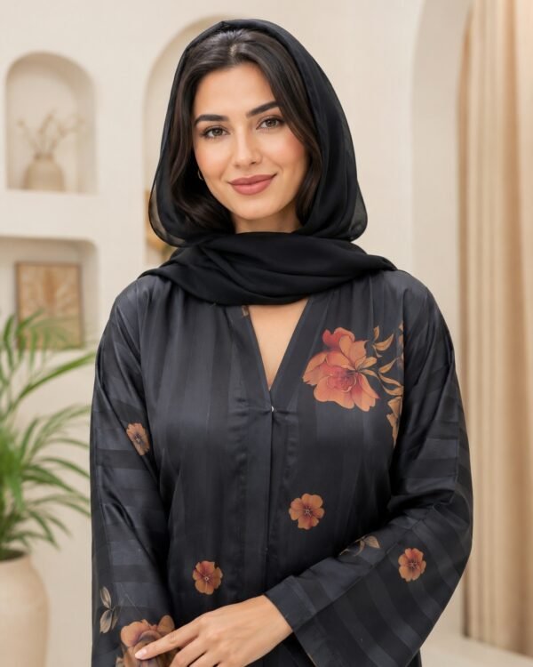 Rinezza Black Floral Printed Front Open Abaya for Women with Plain Black Dupatta