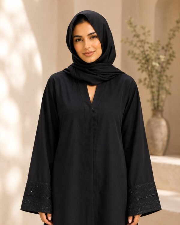 Rinezza Women's Solid Front Open Abaya with Embellished Sleeve Cuffs with Plain Dupatta