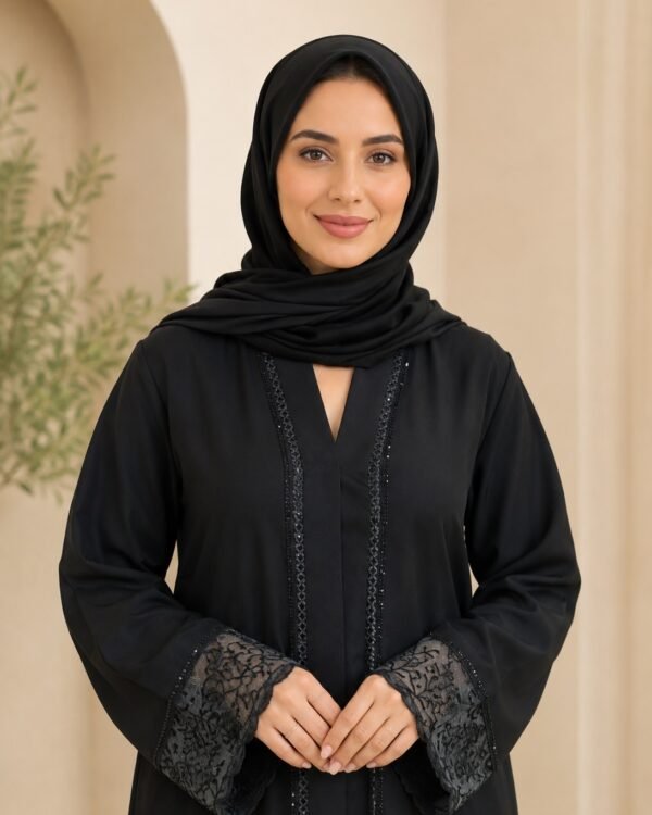 Rinezza Black Front Open Embroidered Abaya with Lace Cuff Sleeves for Women