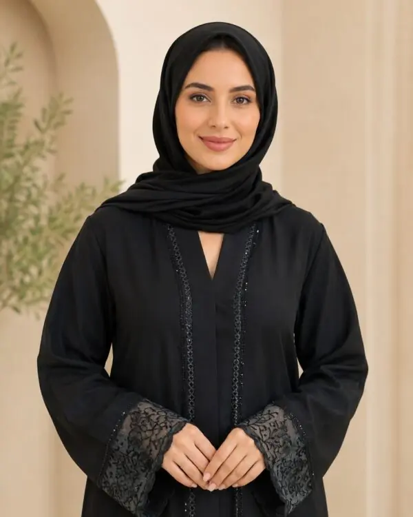 Rinezza Black Front Open Embroidered Abaya with Lace Cuff Sleeves for Women