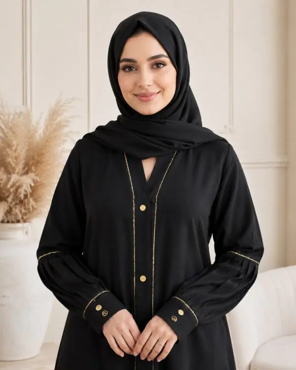 Rinezza Black Front Open Abaya with Gold Trim & Pleated Sleeves for Women