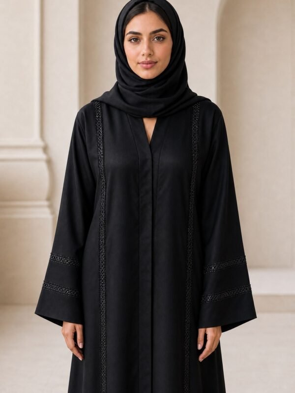 Rinezza Premium Black Embellished Abaya with Black Plain Dupatta