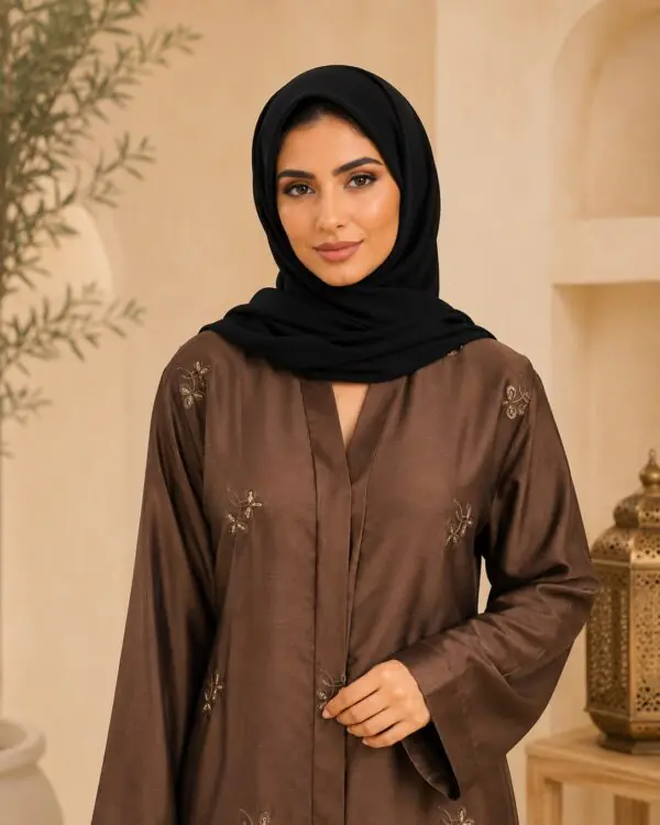 Rinezza Women's Embroidered Imported Nida Front Open Abaya with Black Plain Dupatta