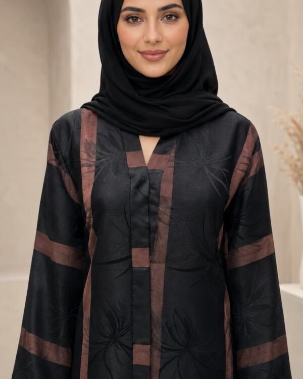 Rinezza Black Floral Jacquard Front-Open Abaya with Brown Border comes with plain dupatta