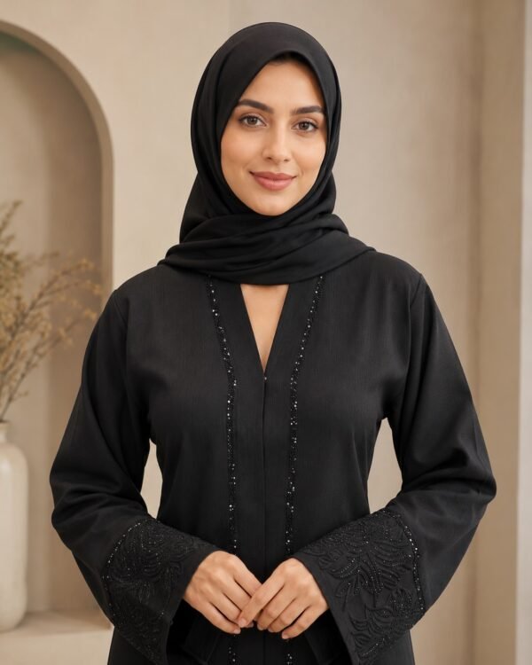 Rinezza Black Embroidered Front Open Modest Abaya with Embellished Sleeves for Women