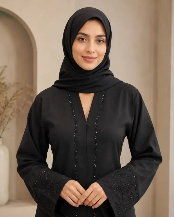 Rinezza Black Embroidered Front Open Modest Abaya with Embellished Sleeves for Women