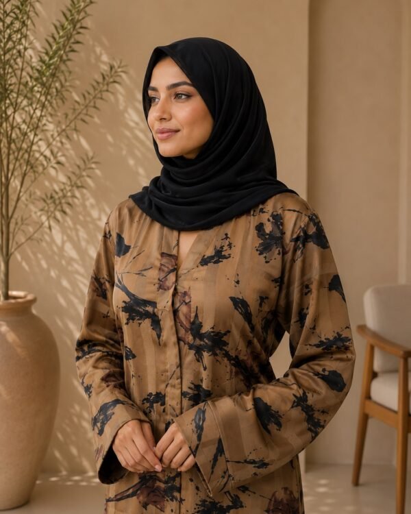 Rinezza Women's Printed Imported Nida Front Open Abaya with Black Plain Dupatta