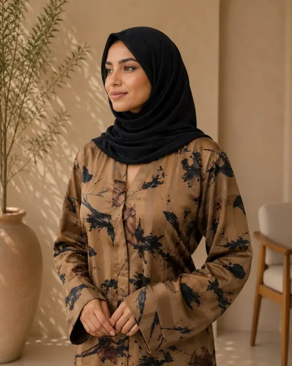 Rinezza Women's Printed Imported Nida Front Open Abaya with Black Plain Dupatta
