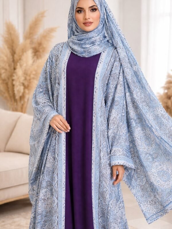 Rinezza Sky Blue Paisley Printed Open Pashmina Abaya with Purple Inner Dress & Matching Hijab