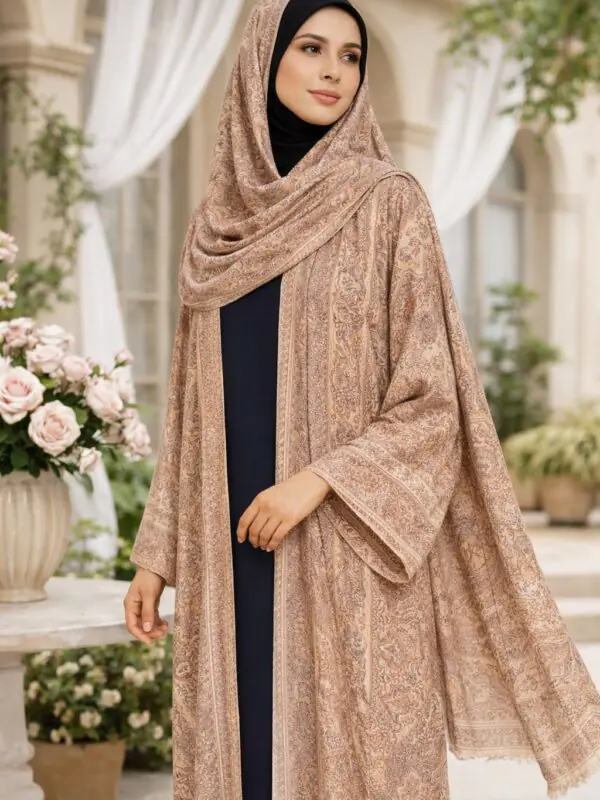 Rinezza Premium Pashmina Brown Paisley Print Open Abaya with Matching Hijab