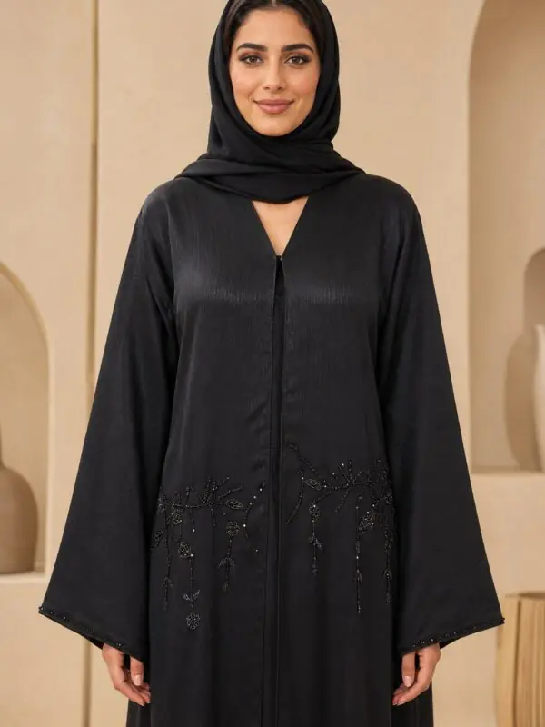 Rinezza Noir Blossom Floral Beaded Abaya with Dupatta