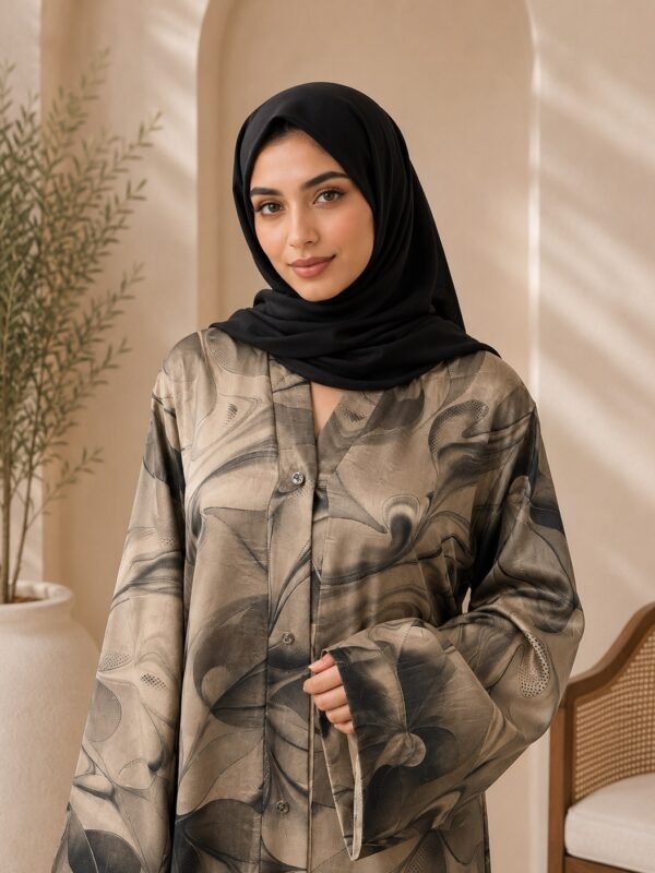 Rinezza Abstract Printed Free Size Abaya with Black Dupatta
