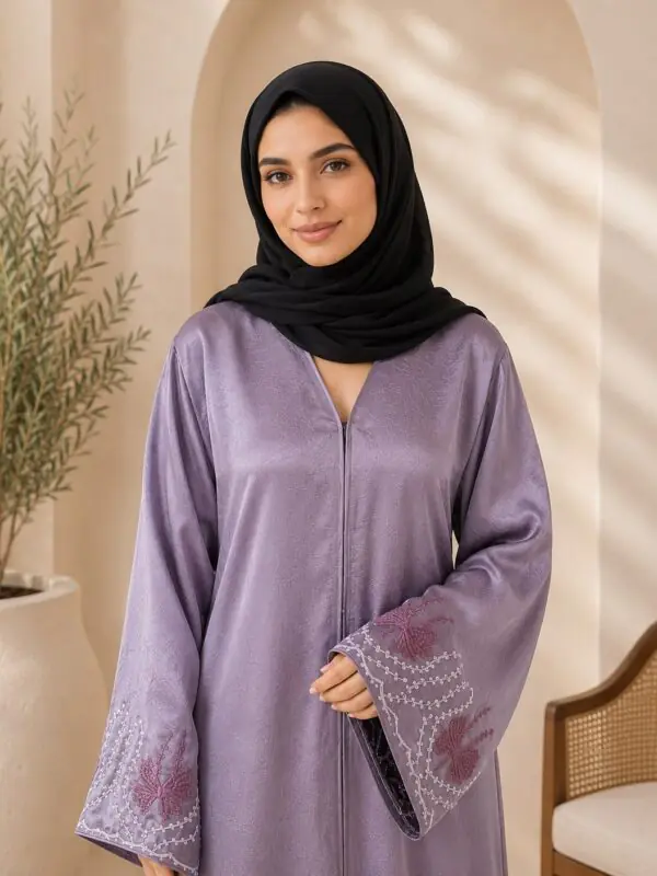 Rinezza Mauve Bloom Embroidered Sleeve Abaya Free Size with Black Dupatta