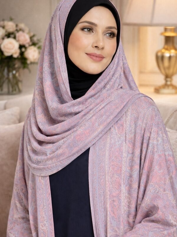 Rinezza Premium Pink & Blue Paisley Pashmina Open Abaya with Matching Hijab